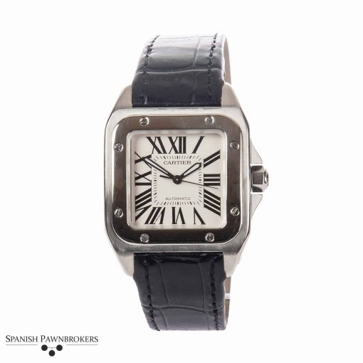 pre-owned cartier santos 100 2878 gents watch of stainless steel with a black leather strap