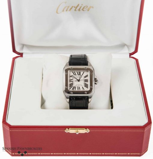 pre-owned cartier santos 100 2878 gents watch of stainless steel with a black leather strap with box