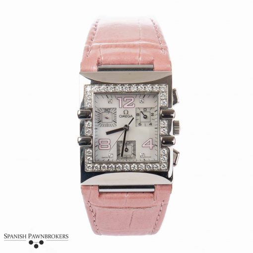 Pre-owned Omega Constellation Quadra 1847.73.31 ladies watch set with diamonds on a pink leather strap