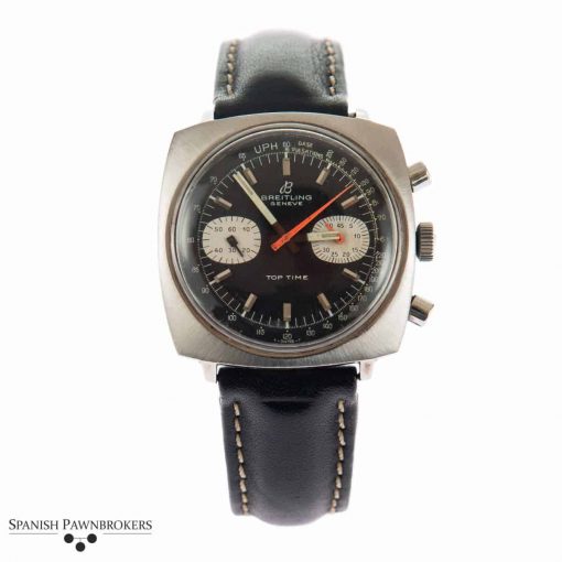 Pre-owned vintage Breitling top time model 2211 watch with black dial on leather strap with deployment buckle