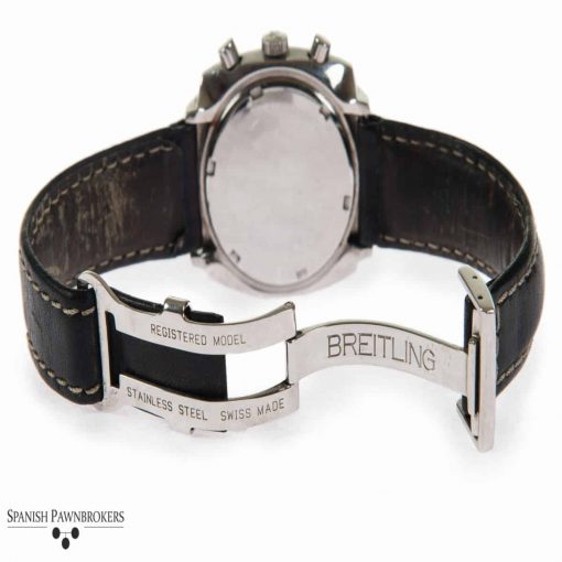 Pre-owned vintage Breitling top time model 2211 watch with black dial on leather strap with deployment buckle