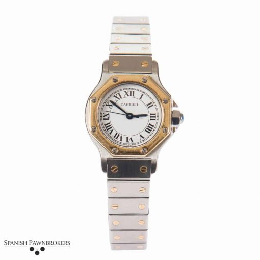 Pre-owned cartier santos octagon vintage ladies watch on a stainless steel with 18-carat yellow gold screws