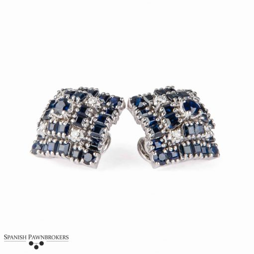 Pre-owned Blue sapphires & Diamond earrings made of 14-carat white gold as clip-on or for pierced ears