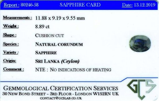 Loose Blue Ceylon Sapphire Sri Lanka Oval faceted certificate GCS unheated 8.89 carats
