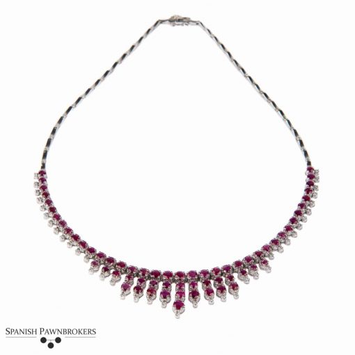 Pre-owned round faceted Rubies & round brilliant cut Diamond necklace made of 14-carat white gold