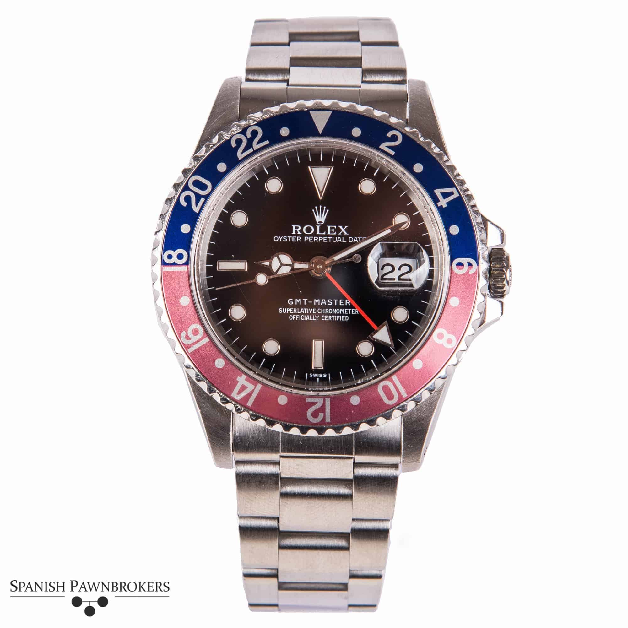 Reloj de lujo de ocasión Rolex GMT-Master steel oyster 16700 Bisel desteñido Pepsi Blue Red 1997